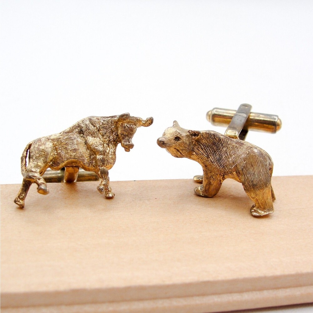 Vintage Sterling Silver Bull & Bear Cufflinks Gold Wash Stock Broker Wall Street